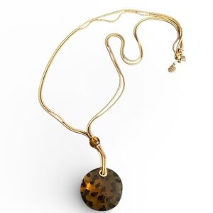 Tortoise Disk Medallion Necklace on Long Double Gold Tone Braided Chain MW Mark